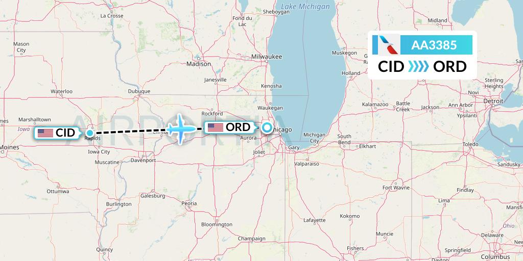 AA3385 American Airlines Flight Map: Cedar Rapids to Chicago