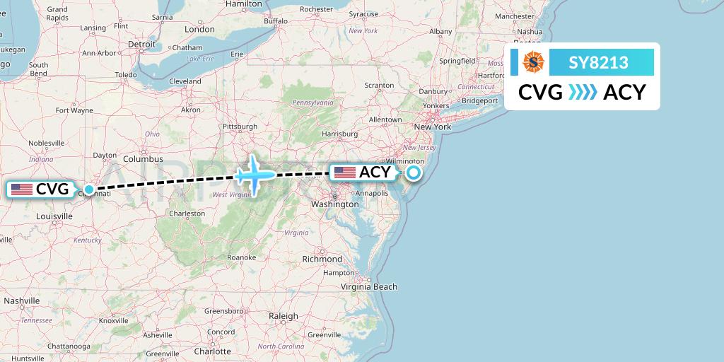 SY8213 Sun Country Airlines Flight Map: Cincinnati to Atlantic City