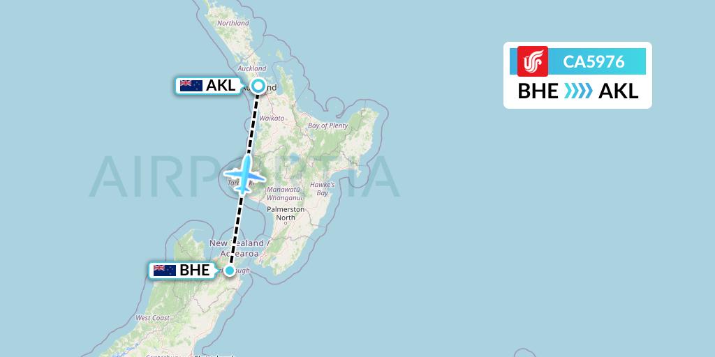 CA5976 Air China Flight Map: Blenheim to Auckland