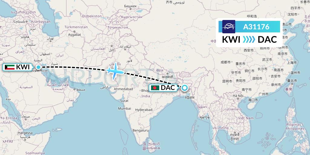 A31176 Aegean Airlines Flight Map: Kuwait City to Dhaka