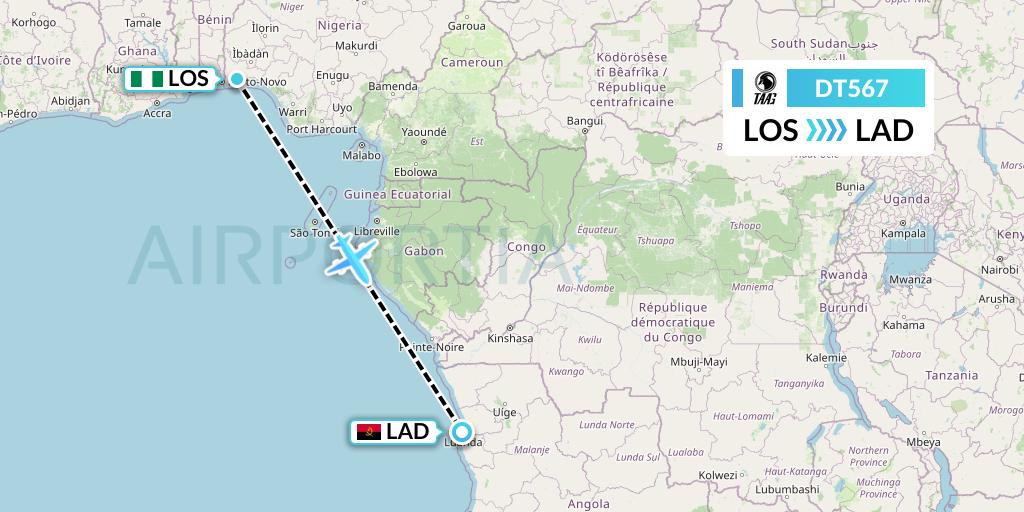 DT567 TAAG Angola Airlines Flight Map: Lagos to Luanda