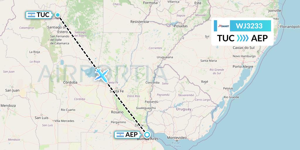 WJ3233 Jetsmart Airlines Flight Map: Tucuman to Buenos Aires