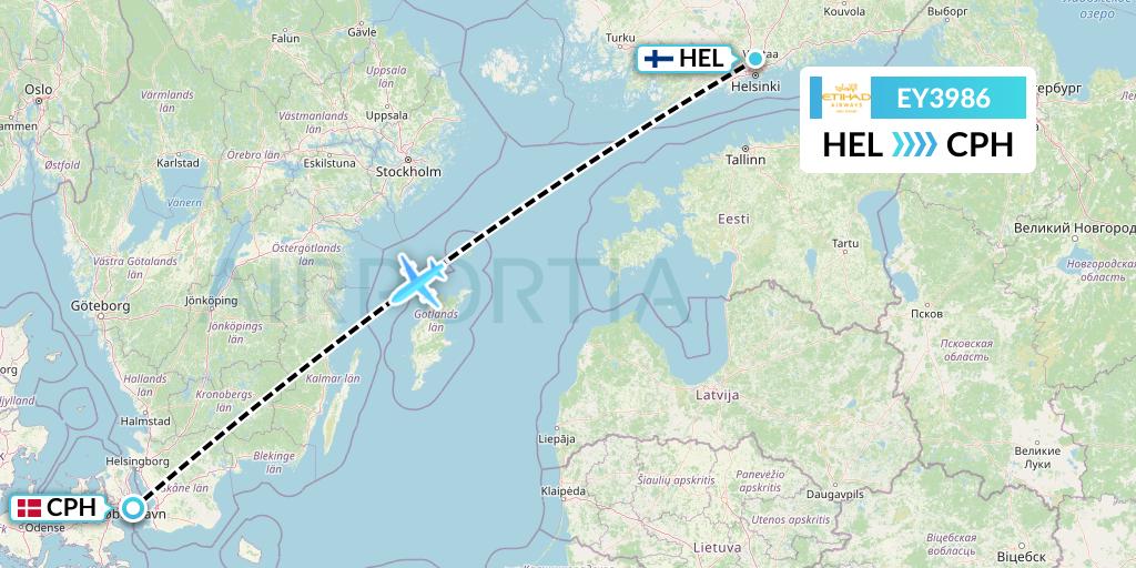 EY3986 Etihad Airways Flight Map: Helsinki to Copenhagen