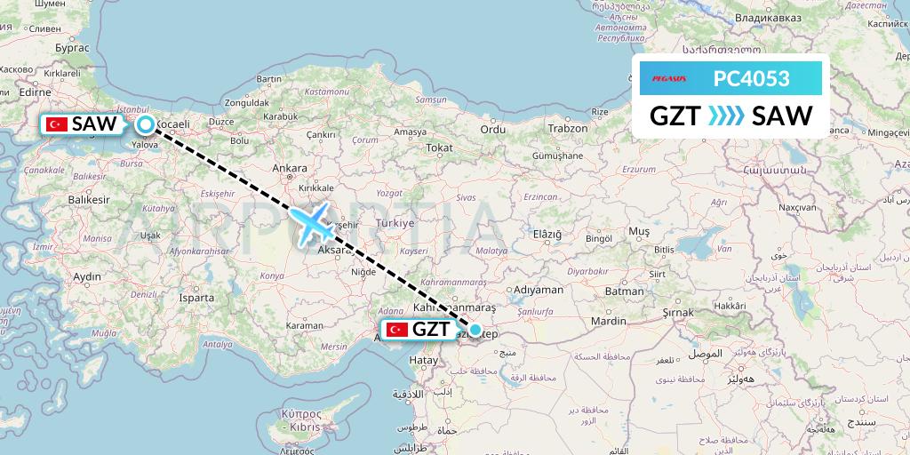 PC4053 Pegasus Airlines Flight Map: Gaziantep to Istanbul