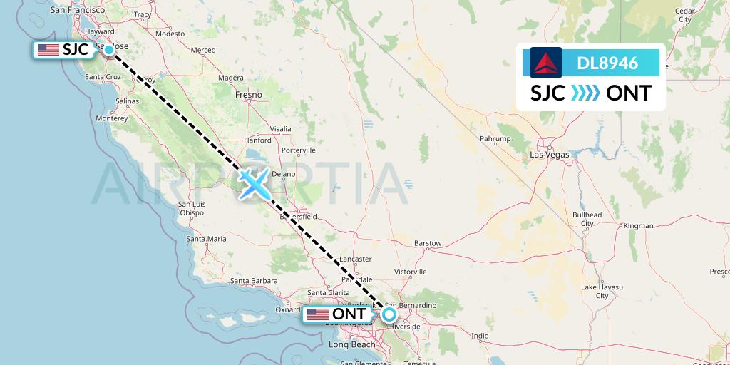 DL8946 Delta Air Lines Flight Map: San Jose to Ontario