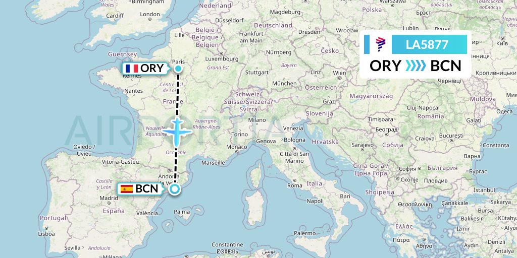 LA5877 LAN Airlines Flight Map: Paris to Barcelona