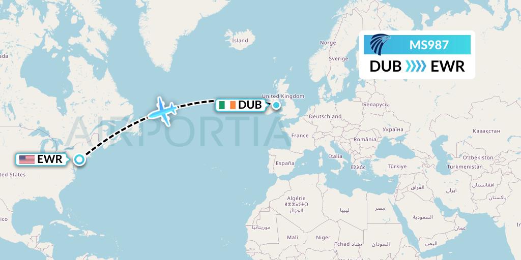 MS987 EgyptAir Flight Map: Dublin to New York