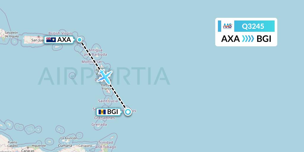 Q3245 Anguilla Air Services Flight Map: The Valley to Bridgetown