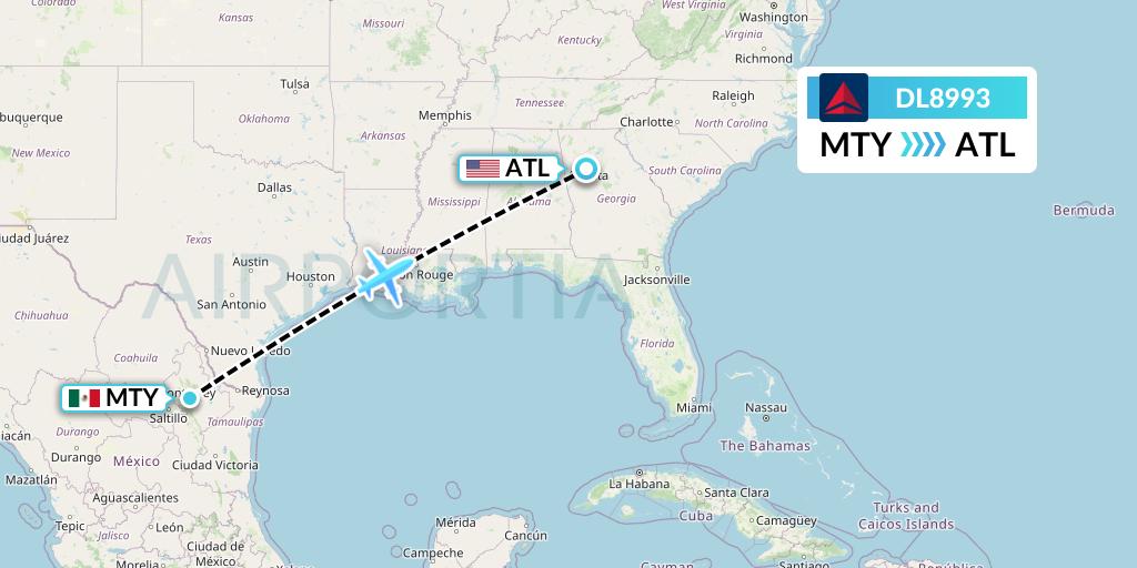 DL8993 Delta Air Lines Flight Map: Monterrey to Atlanta