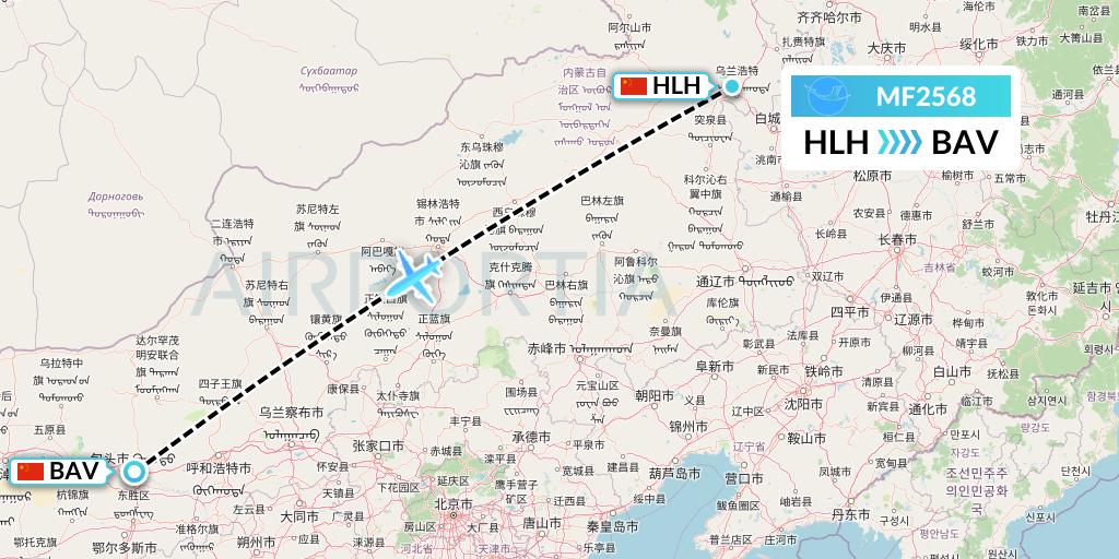 MF2568 Xiamen Airlines Flight Map: Ulanhot to Baotou
