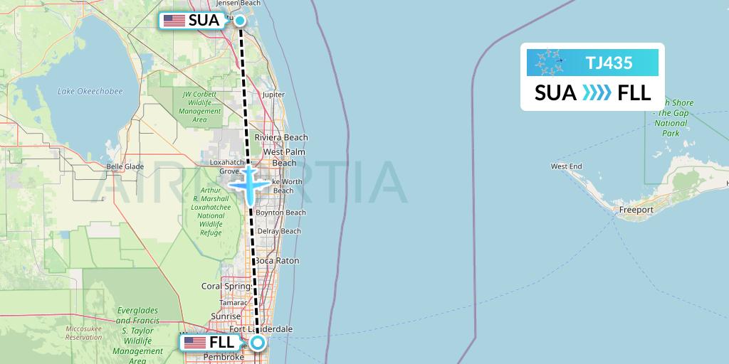 TJ435 Tradewind Aviation Flight Map: Stuart to Fort Lauderdale