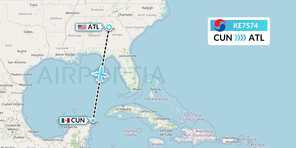 KE7574 Korean Air Flight Map: Cancun to Atlanta