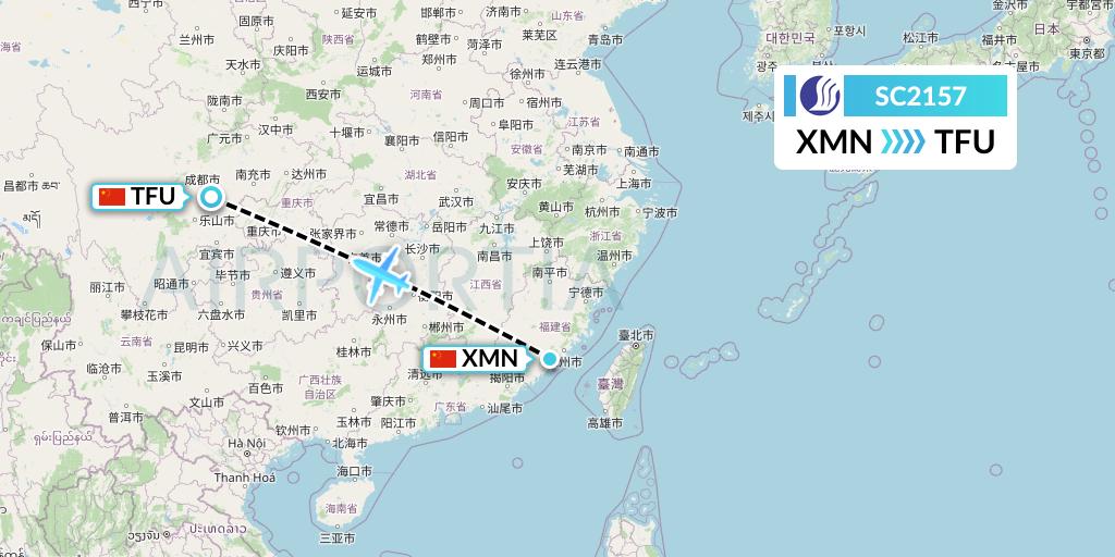 SC2157 Shandong Airlines Flight Map: Xiamen to Chengdu