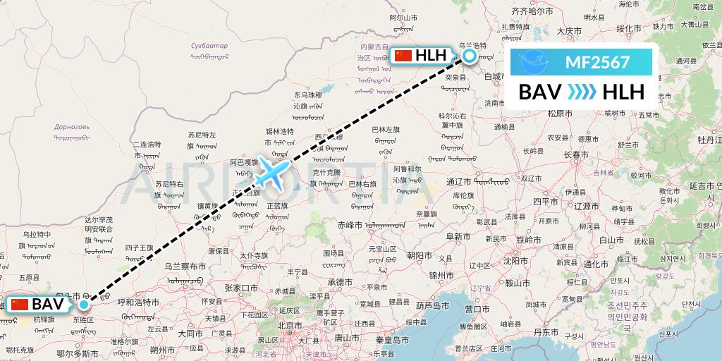 MF2567 Xiamen Airlines Flight Map: Baotou to Ulanhot
