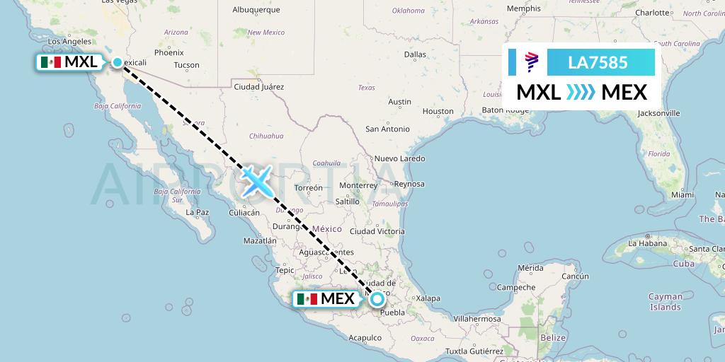 LA7585 LAN Airlines Flight Map: Mexicali to Mexico City