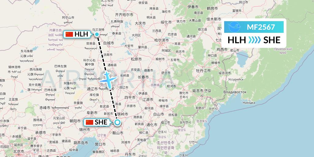 MF2567 Xiamen Airlines Flight Map: Ulanhot to Shenyang