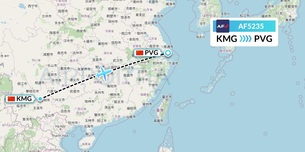 AF5235 Air France Flight Map: Kunming to Shanghai