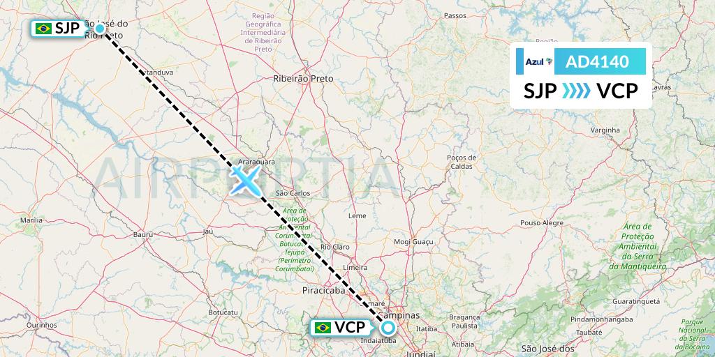 AD4140 Azul Brazilian Airlines Flight Map: Sao Jose Do Rio Preto to Campinas