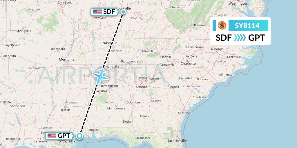 SY8114 Sun Country Airlines Flight Map: Louisville to Gulfport
