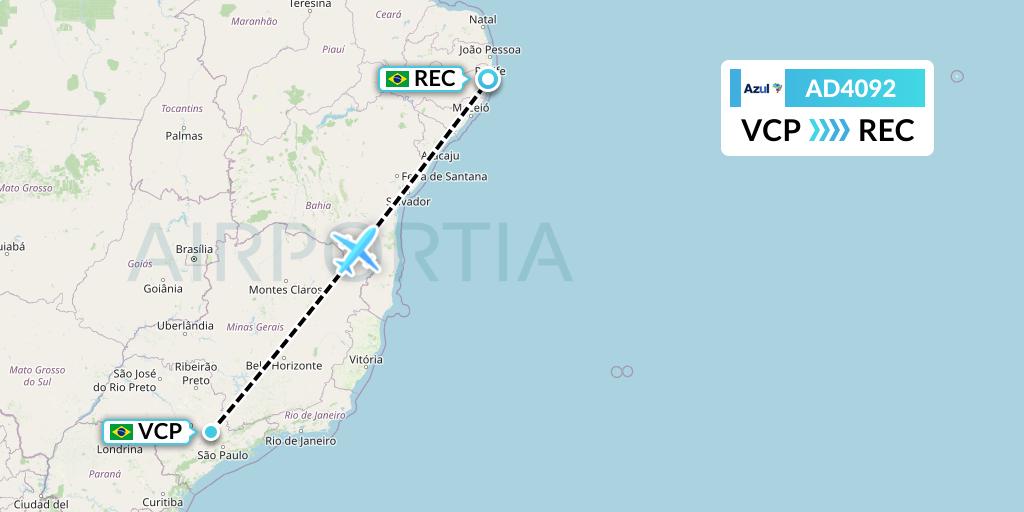AD4092 Azul Brazilian Airlines Flight Map: Campinas to Recife
