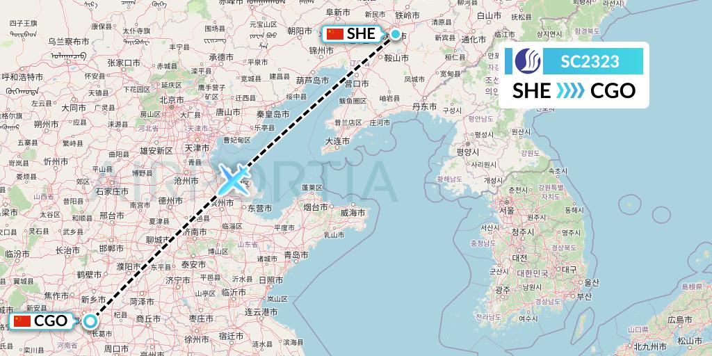 SC2323 Shandong Airlines Flight Map: Shenyang to Zhengzhou