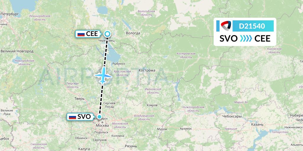 D21540 Severstal Aircompany Flight Map: Moscow to Cherepovets