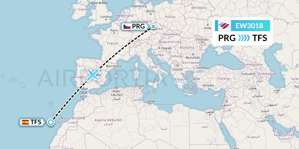 EW3018 Eurowings Flight Map: Prague to Tenerife