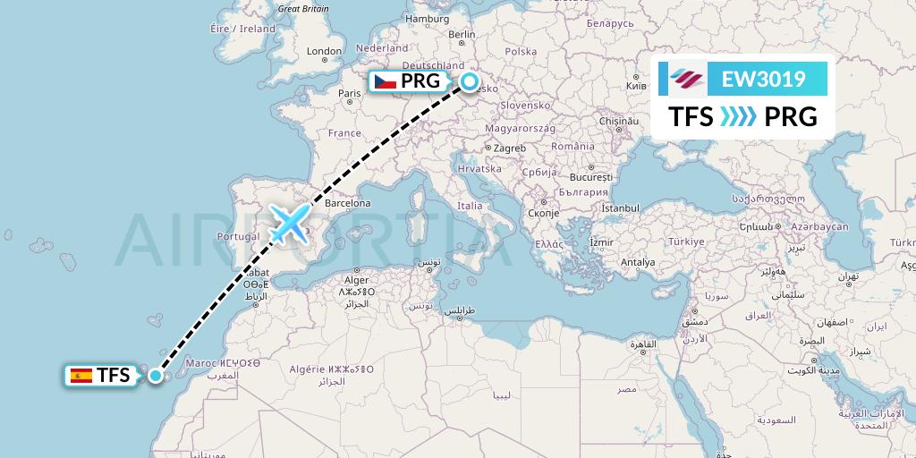 EW3019 Eurowings Flight Map: Tenerife to Prague