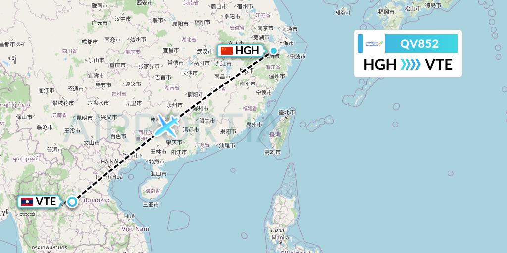 QV852 Lao Airlines Flight Map: Hangzhou to Vientiane
