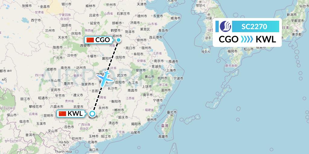 SC2270 Shandong Airlines Flight Map: Zhengzhou to Guilin