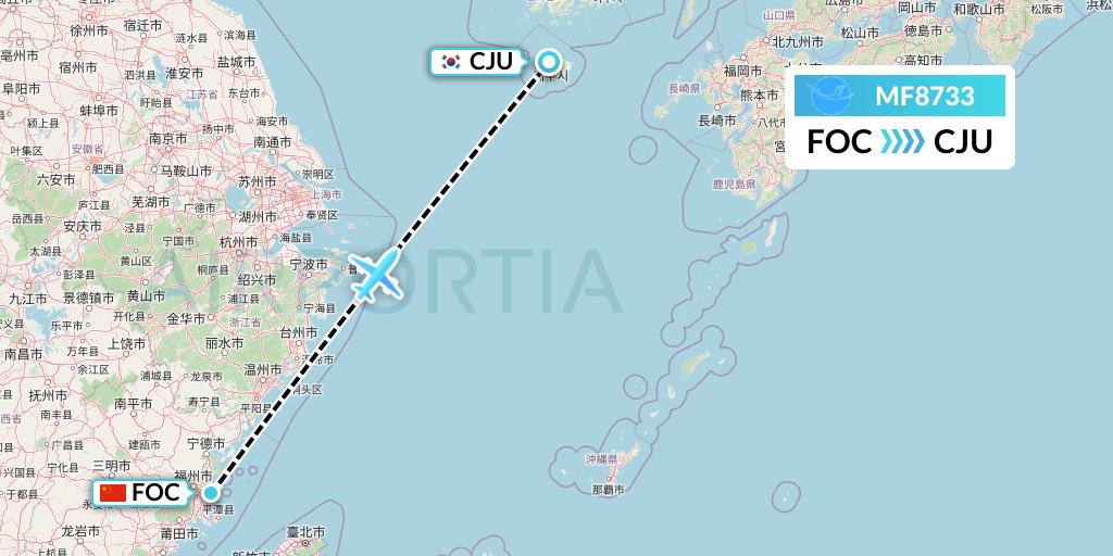 MF8733 Xiamen Airlines Flight Map: Fuzhou to Jeju