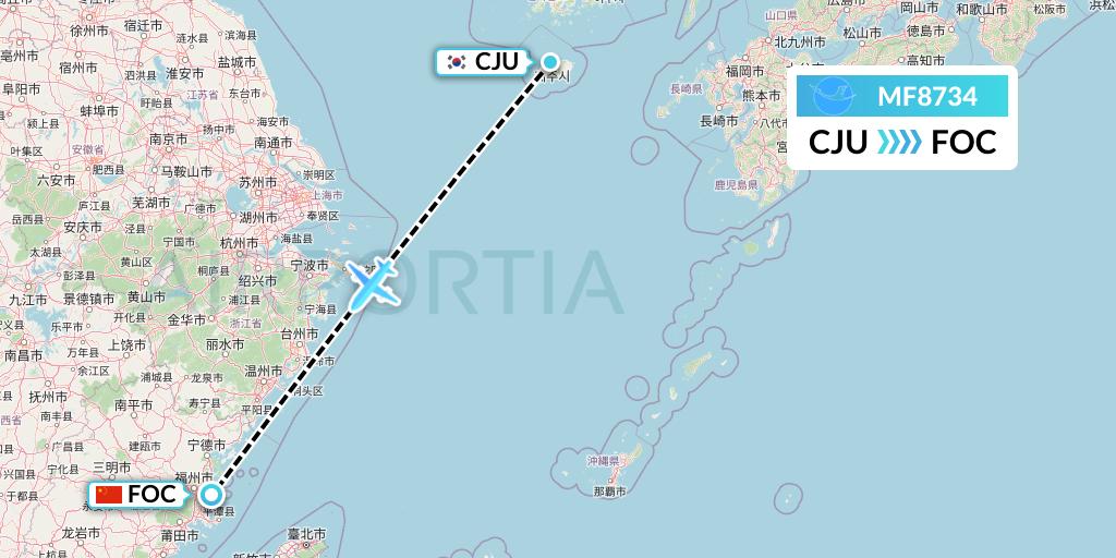 MF8734 Xiamen Airlines Flight Map: Jeju to Fuzhou