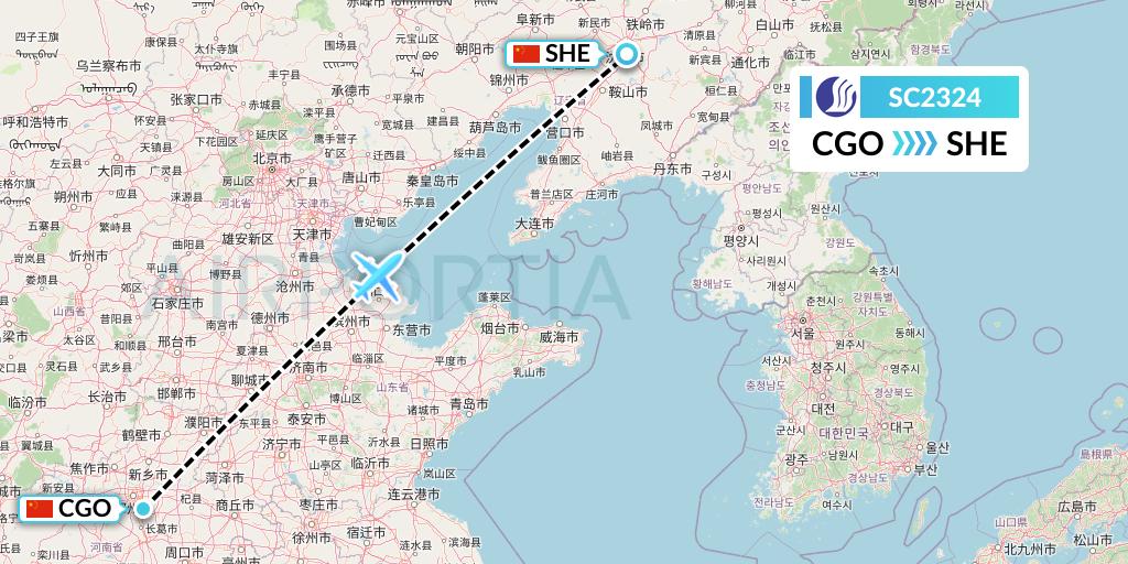 SC2324 Shandong Airlines Flight Map: Zhengzhou to Shenyang
