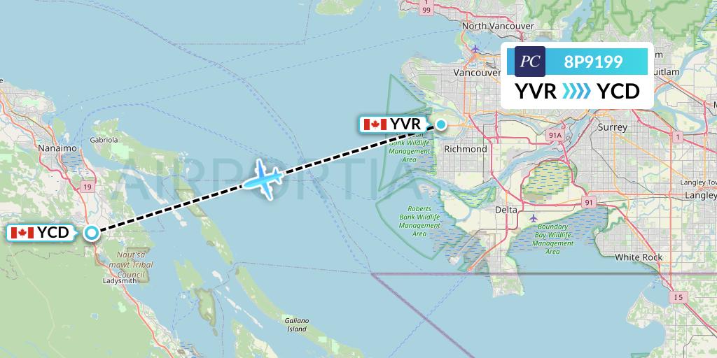 8P9199 Pacific Coastal Airlines Flight Map: Vancouver to Nanaimo