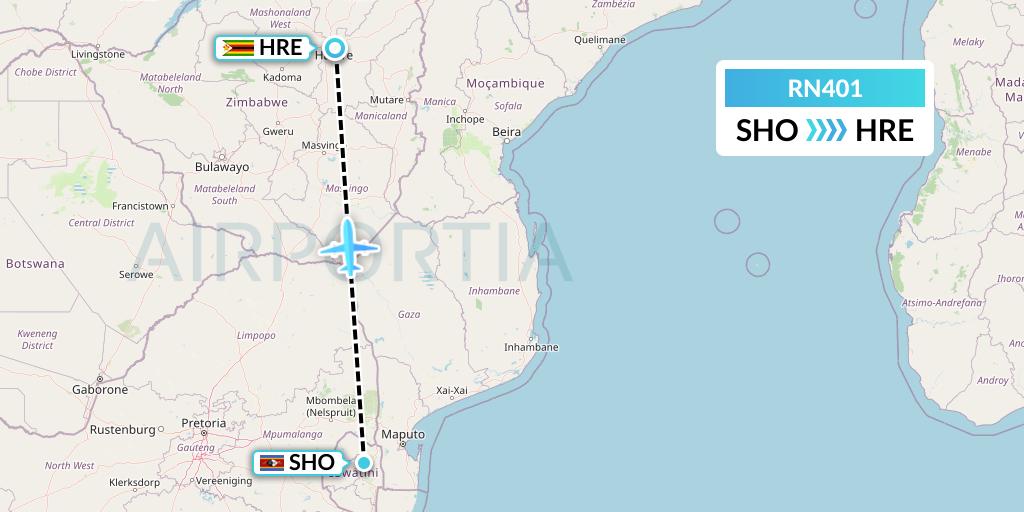 RN401 Eswatini Air Flight Map: Manzini to Harare