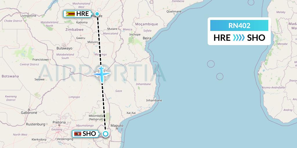 RN402 Eswatini Air Flight Map: Harare to Manzini
