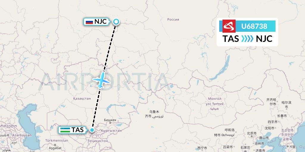 U68738 Ural Airlines Flight Map: Tashkent to Nizhnevartovsk
