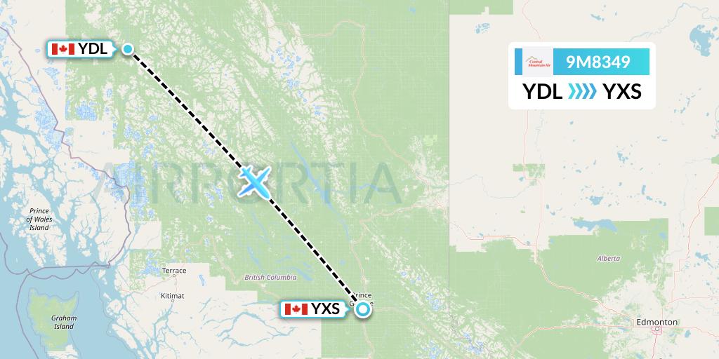 9M8349 Central Mountain Air Flight Map: Dease Lake to Prince George