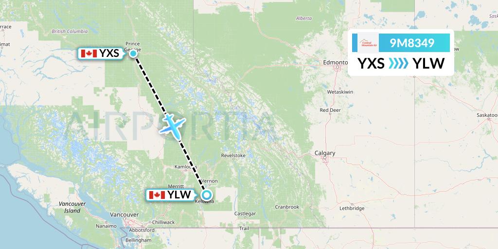 9M8349 Central Mountain Air Flight Map: Prince George to Kelowna