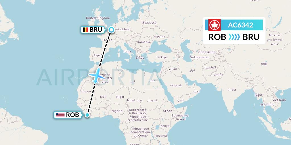 AC6342 Air Canada Flight Map: Monrovia to Brussels