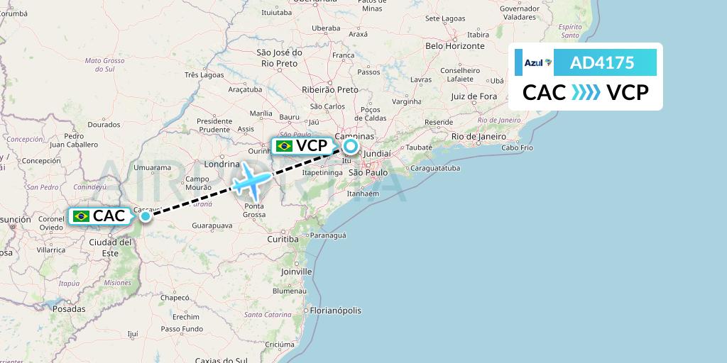 AD4175 Azul Brazilian Airlines Flight Map: Cascavel to Campinas