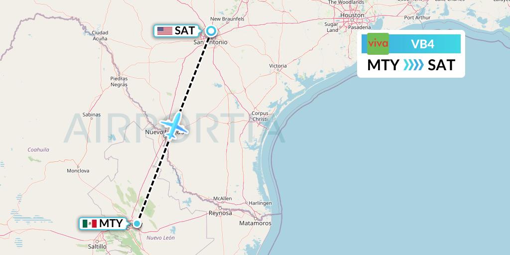 VB4 VivaAerobus Flight Map: Monterrey to San Antonio