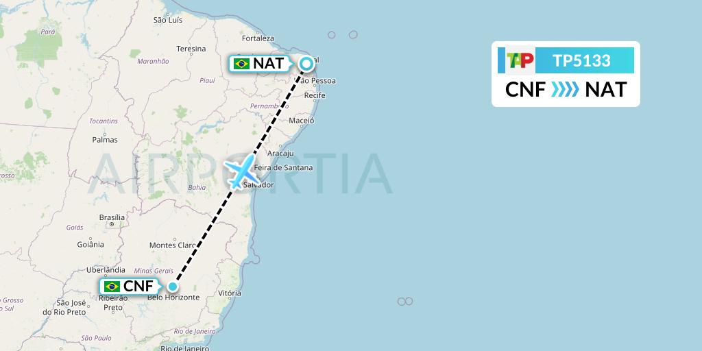 TP5133 TAP Portugal Flight Map: Belo Horizonte to Natal