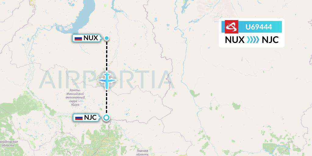 U69444 Ural Airlines Flight Map: Novy Urengoy to Nizhnevartovsk