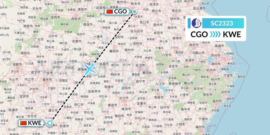 SC2323 Shandong Airlines Flight Map: Zhengzhou to Guiyang