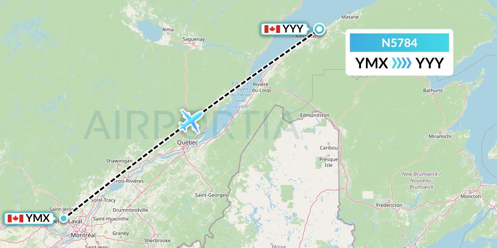 N5784 Nolinor Aviation Flight Map: Montreal to Mont-Joli