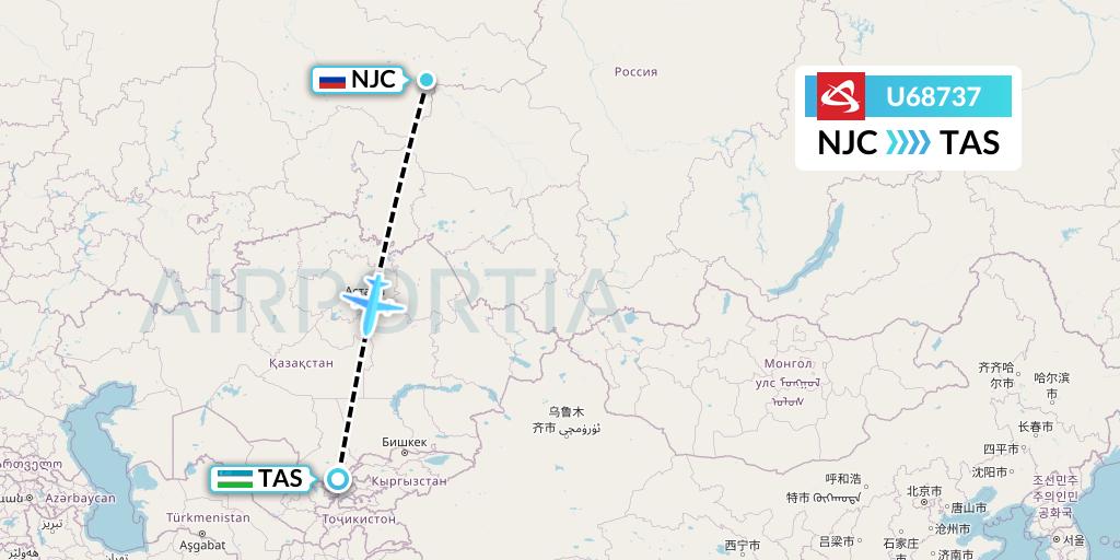 U68737 Ural Airlines Flight Map: Nizhnevartovsk to Tashkent