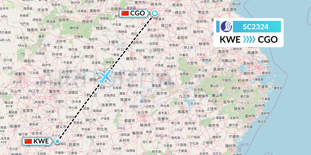 SC2324 Shandong Airlines Flight Map: Guiyang to Zhengzhou
