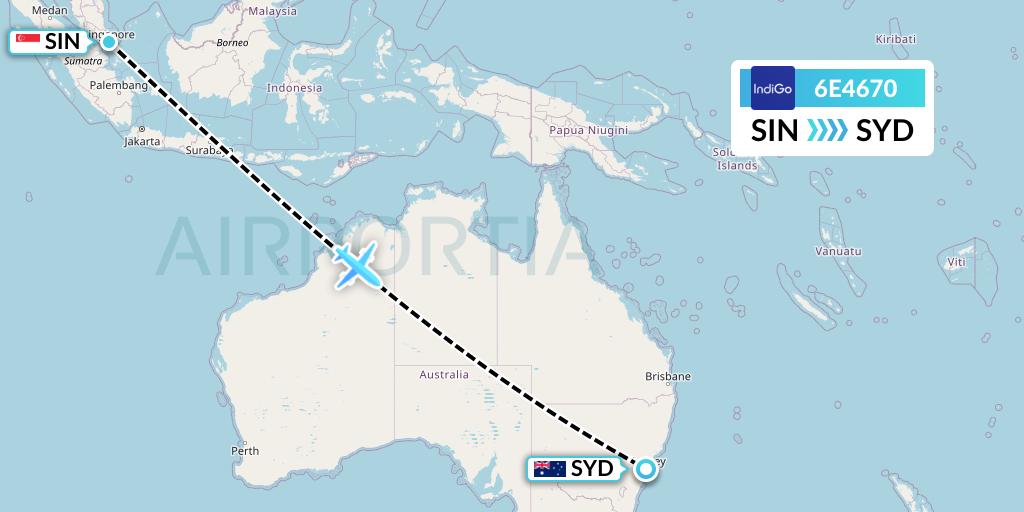 6E4670 IndiGo Airlines Flight Map: Singapore to Sydney