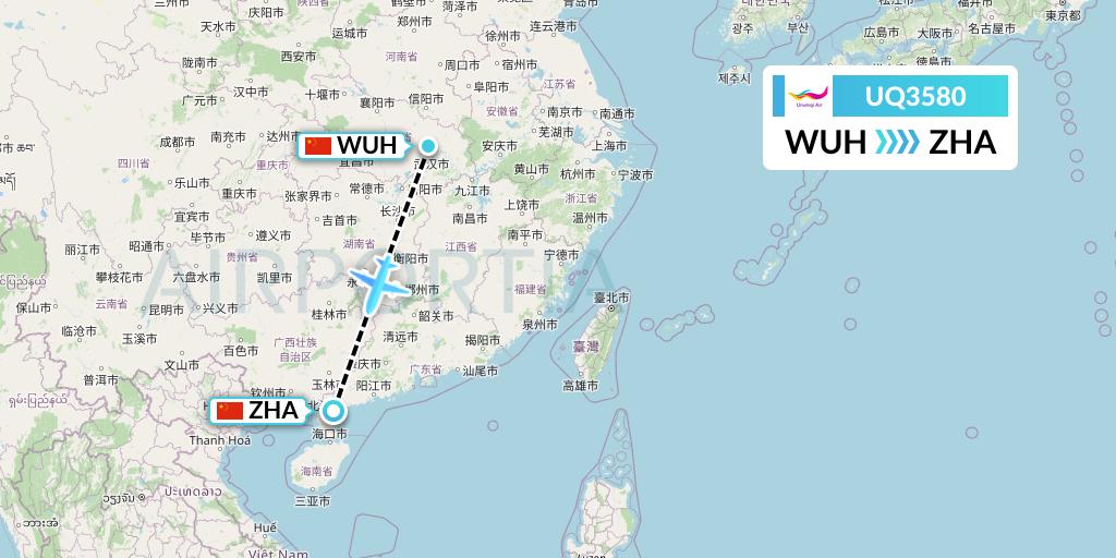 UQ3580 Urumqi Airlines Flight Map: Wuhan to Zhanjiang